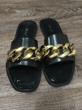 Black Slide Sandals with Gold Chain Accent
